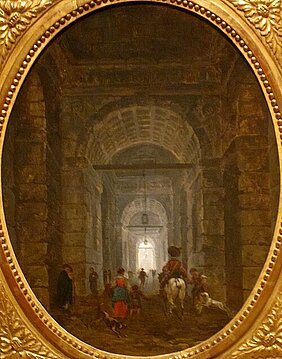Gemälde: The Grotto of Posillipo' von Hubert Robert, 1769, man sieht eine Person auf einem Pferd, von hinten, sowie mehrere Personen und Hunde, ebenfalls von hinten, die durch einen langen Steingang laufen. Am Ende des Gangs sieht man Licht.